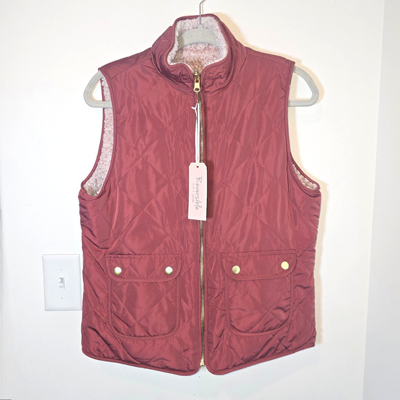 Love Tree Reversible Puffer Vest Rust Faux Fur Pockets Size M NWT - Picture 1 of 7